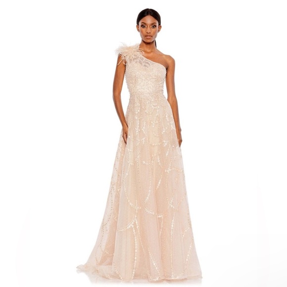 Mac Duggal Feather One Shoulder A Line Peach Evening Gown Dress 20389 - Picture 1 of 8